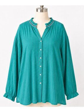 LOGO Lori Goldstein Cotton Gauze Tunic Top 3X Teal Button Front Plus Size NWOT